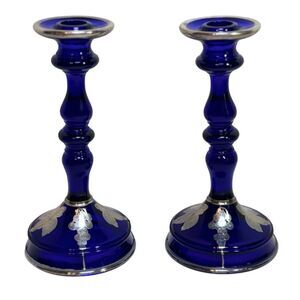Vintage Cobalt Blue Pressed Glass Candlesticks Silver Plated Overlay 9" Tall